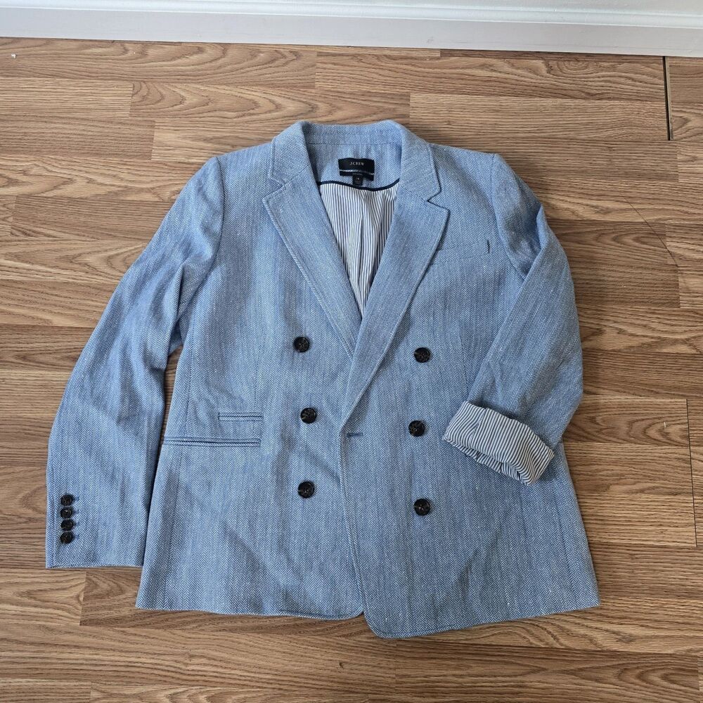 J.Crew Blazer Size 14 Bristol Italian Linen Jacket Double Breasted Herringbone - Picture 2 of 12